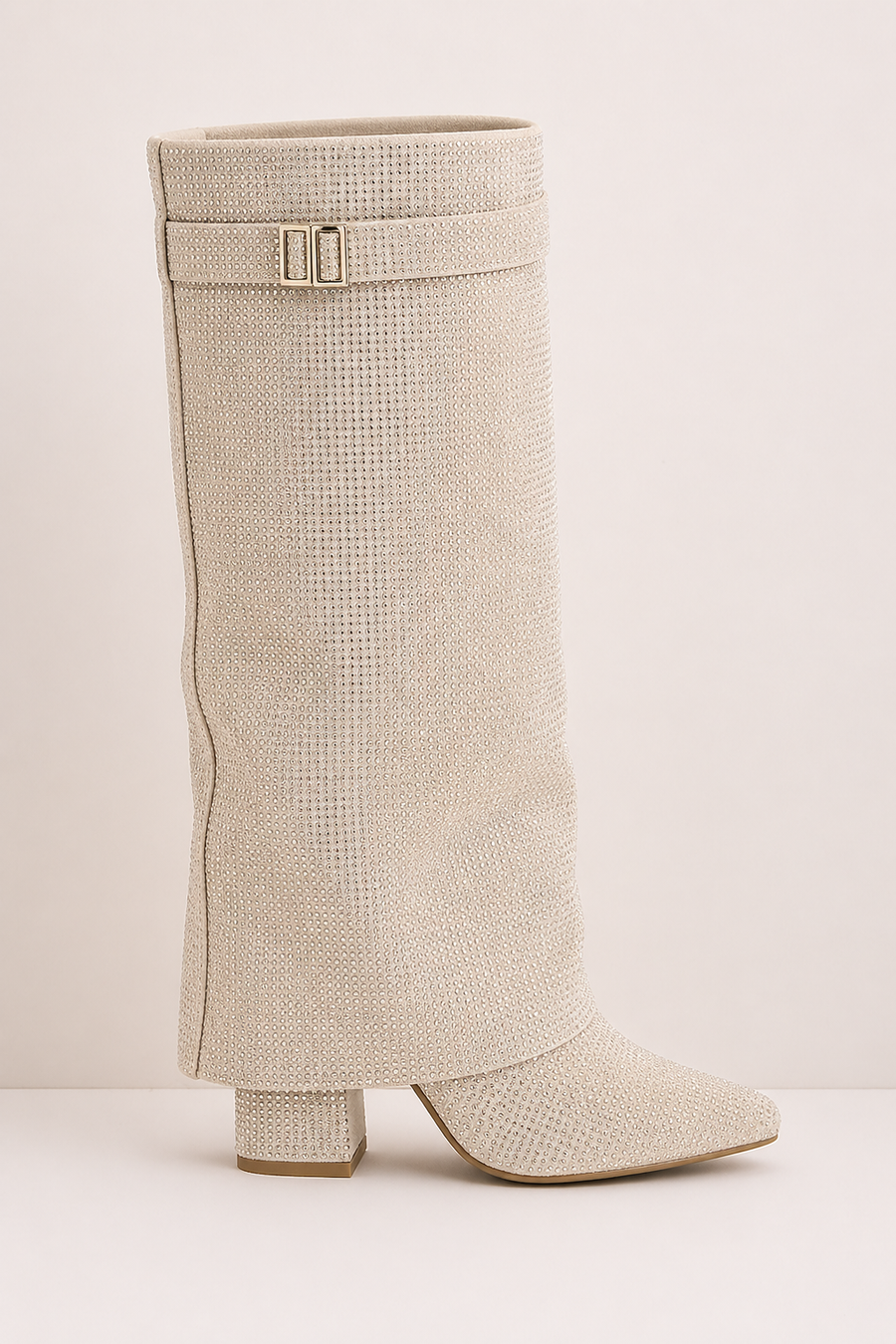Estelle Fold-Over Knee-High Boots in Champagne Crystal