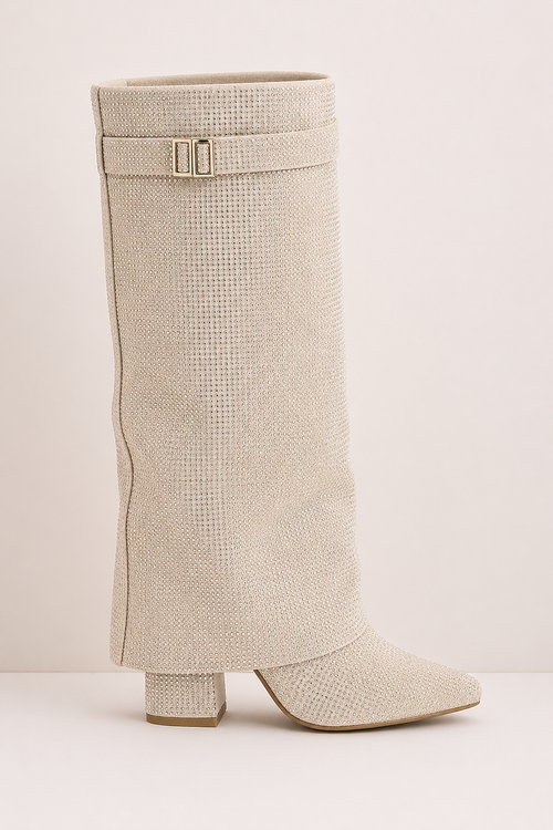 Estelle Fold-Over Knee-High Boots in Champagne Crystal