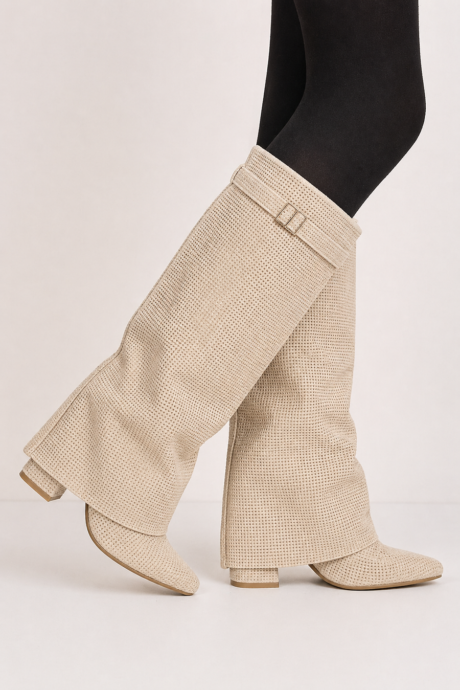 Estelle Fold-Over Knee-High Boots in Champagne Crystal