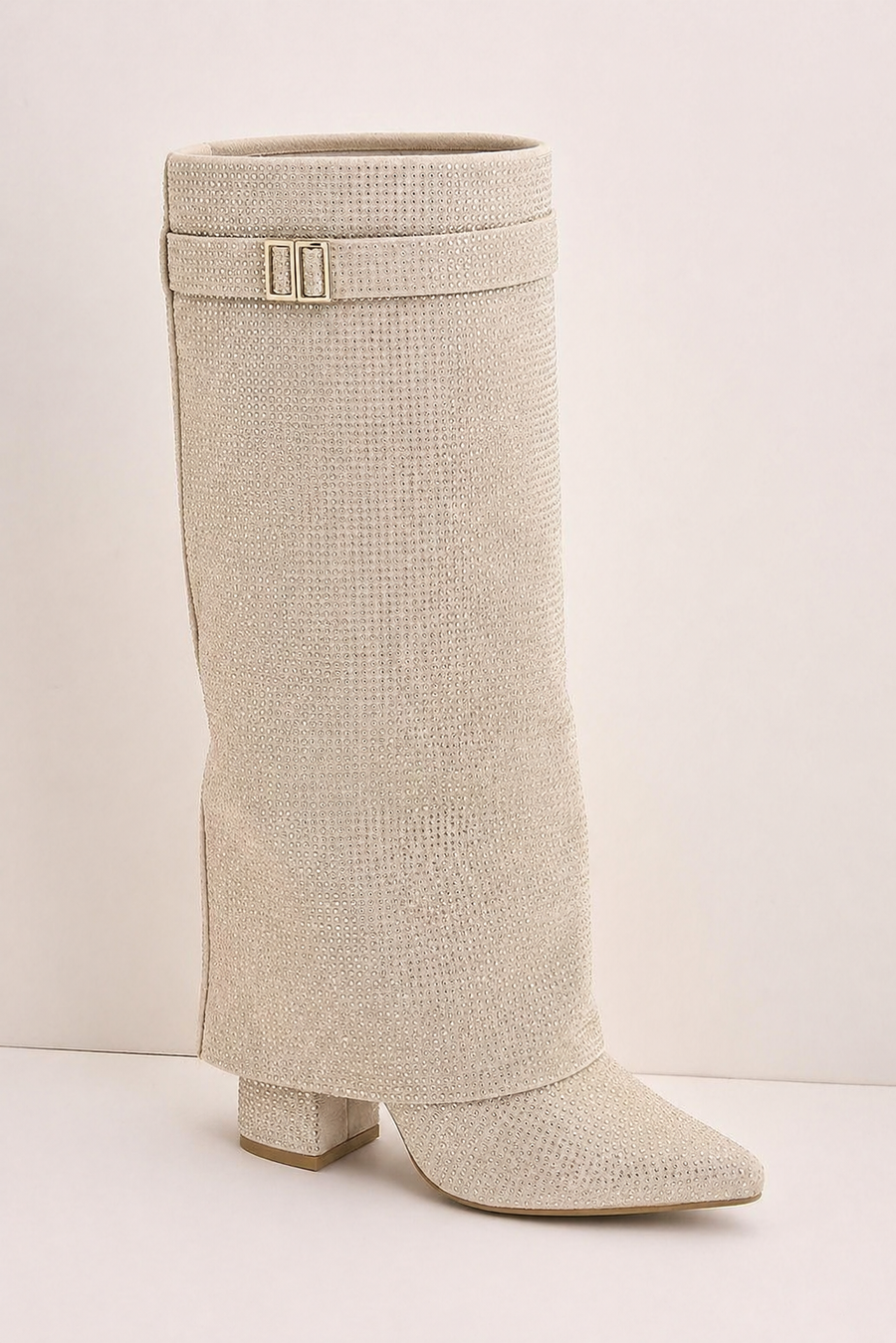 Estelle Fold-Over Knee-High Boots in Champagne Crystal