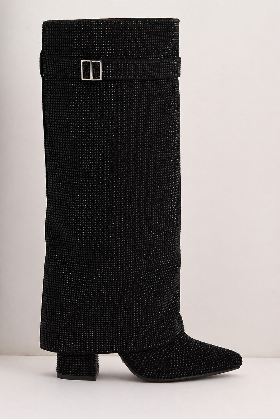 Estelle Fold-Over Knee-High Boots in Black Crystal