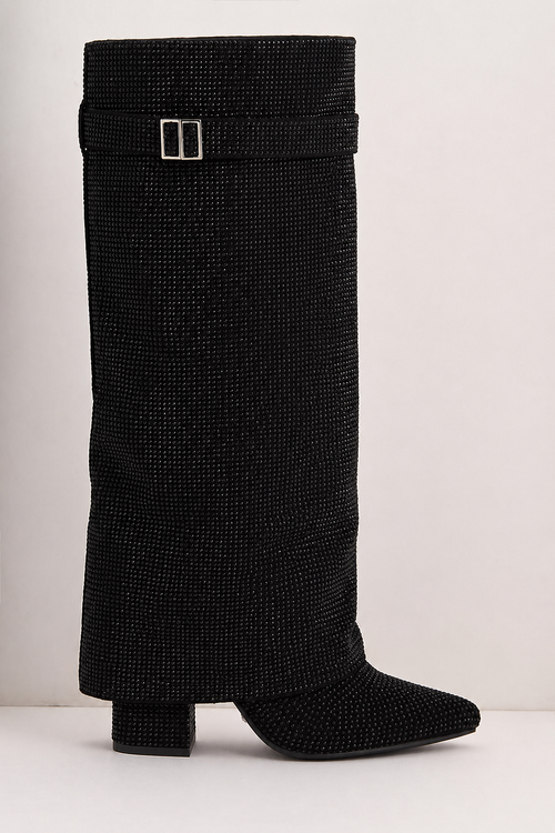 Estelle Fold-Over Knee-High Boots in Black Crystal