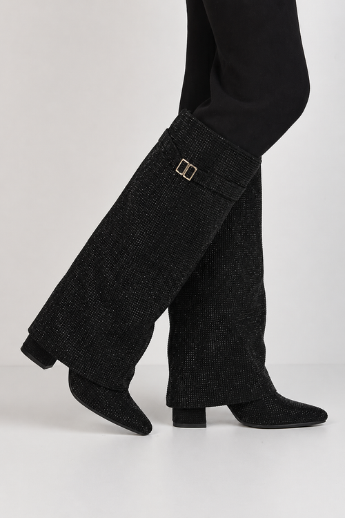 Estelle Fold-Over Knee-High Boots in Black Crystal