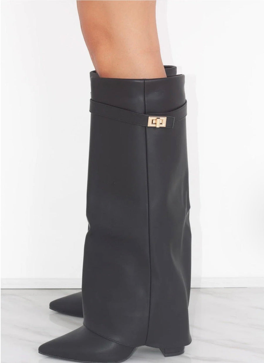 Common Muse Estelle Fold-Over Knee Boots in Black Leather