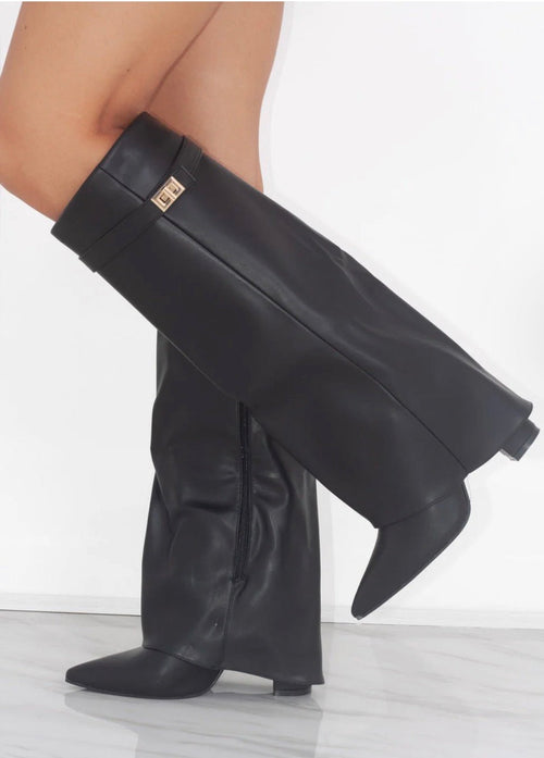 Estelle Fold-Over Knee-High Boots in Black Leather