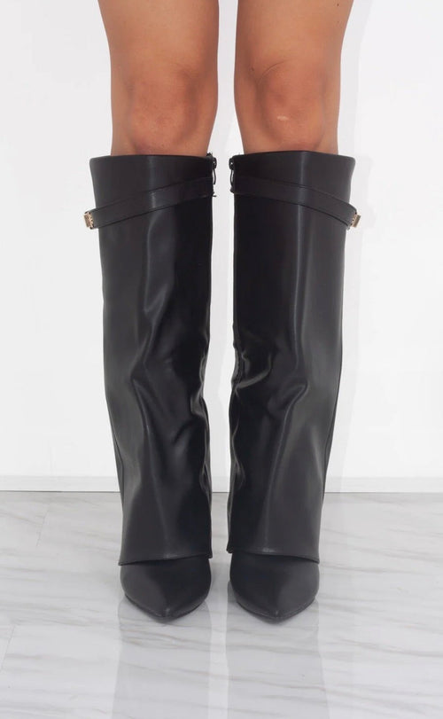Estelle Fold-Over Knee-High Boots in Black Leather