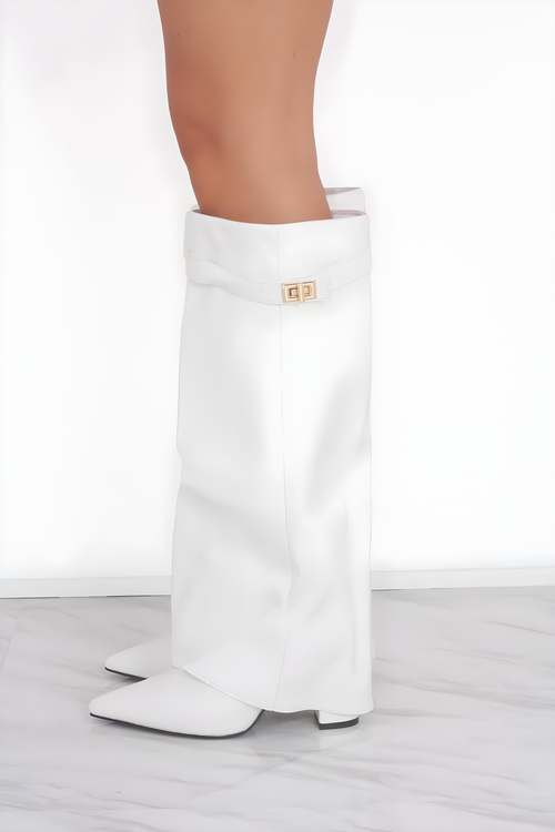Estelle Fold-Over Knee-High Boots in White Leather