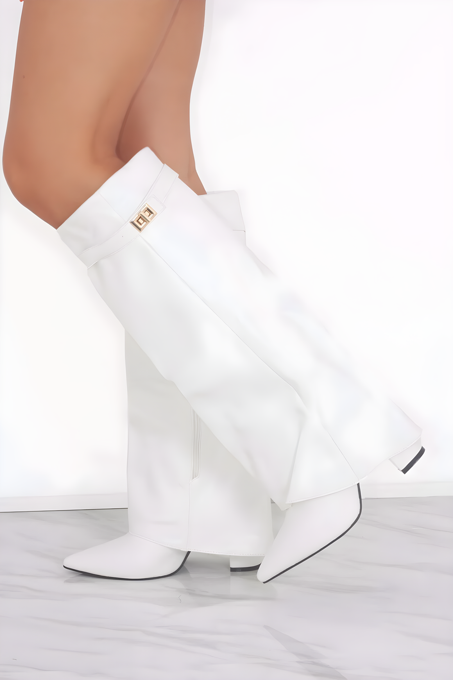 Estelle Fold-Over Knee-High Boots in White Leather