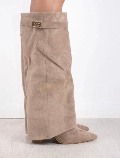 Estelle Fold-Over Knee-High Boots in Beige Suede