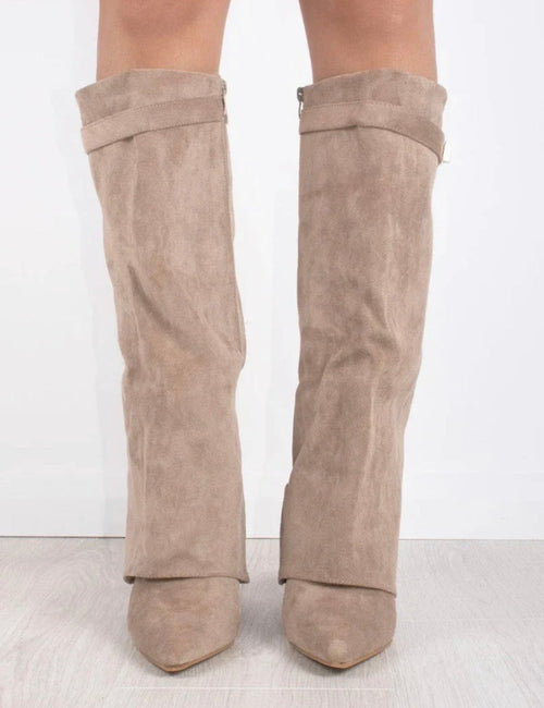 Estelle Fold-Over Knee-High Boots in Beige Suede