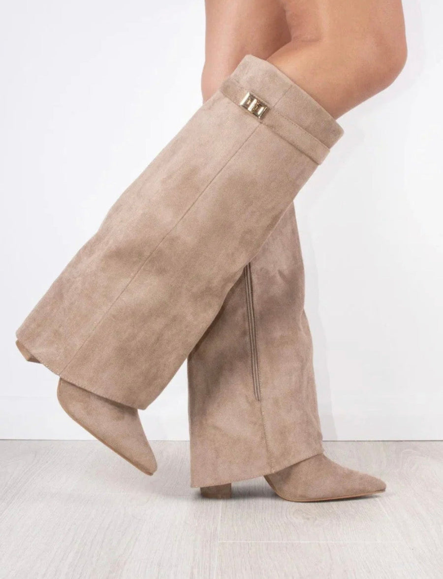 Common Muse Estelle Fold-Over Knee Boots in Beige Suede