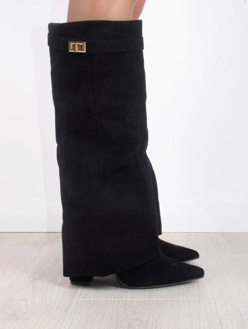 Estelle Fold-Over Knee-High Boots in Black Suede