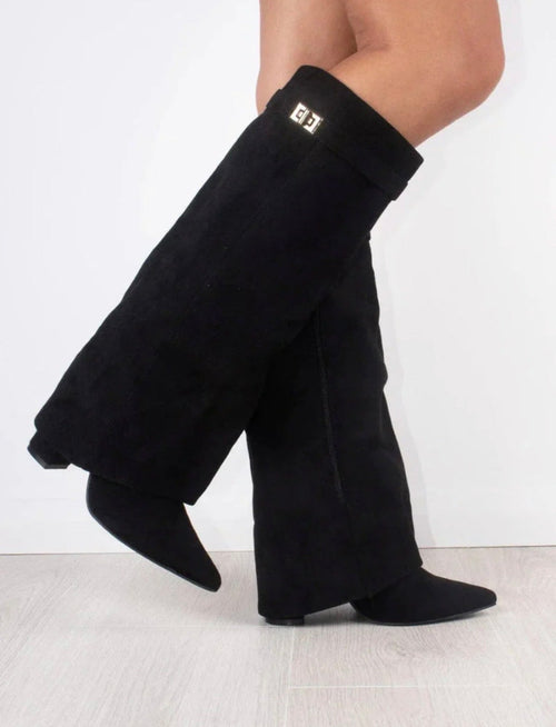 Estelle Fold-Over Knee-High Boots in Black Suede