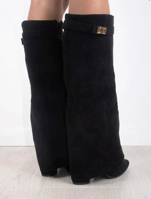 Estelle Fold-Over Knee-High Boots in Black Suede