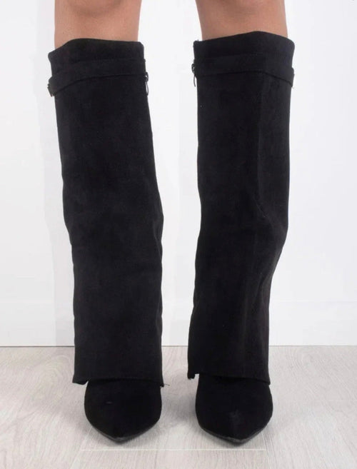 Estelle Fold-Over Knee-High Boots in Black Suede
