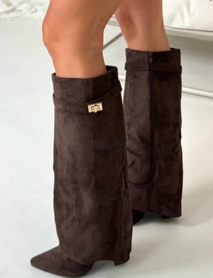 Estelle Fold-Over Knee-High Boots in Chocolate Suede