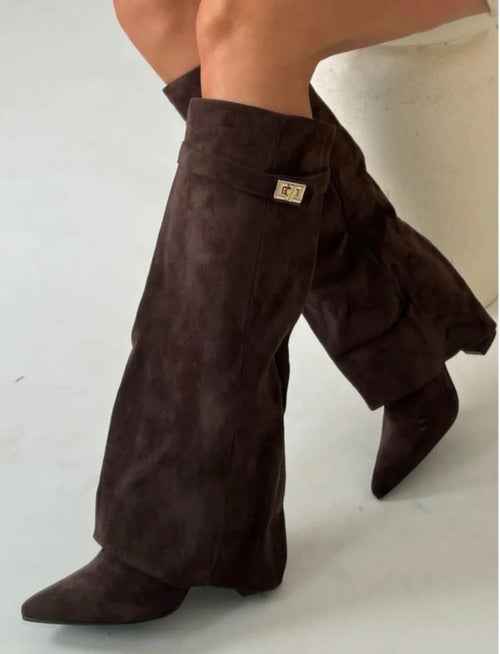 Estelle Fold-Over Knee-High Boots in Chocolate Suede