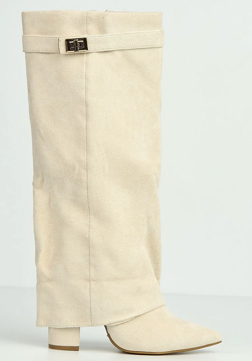 Estelle Fold-Over Knee-High Boots in Sand Suede