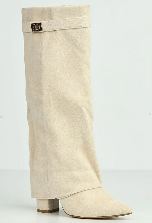 Estelle Fold-Over Knee-High Boots in Sand Suede